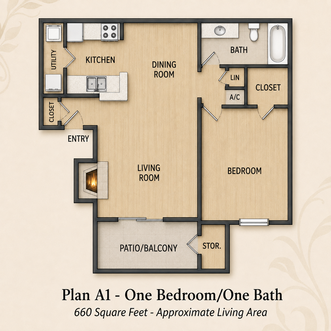 Plan A1 — One Bedroom / One Bath floor plan — 660 sq ft