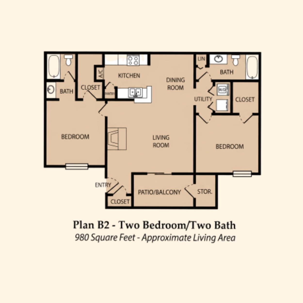 Plan B2 — Two Bedroom / Two Bath floor plan — 980 sq ft